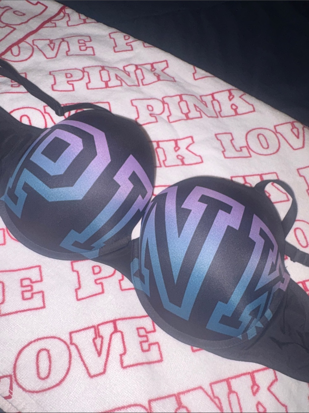 PINK Victoria's Secret Black Push-Up Bra with Purple-Blue Ombre Logol